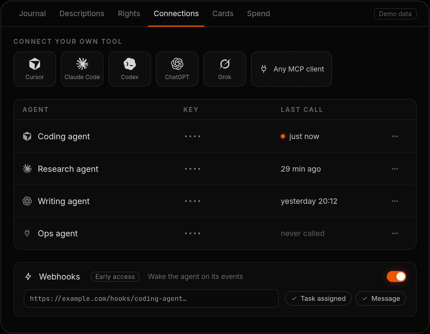 Connections screen with demo data: agents, keys, last call, webhooks (early access)