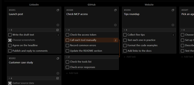 Project map columns with tasks